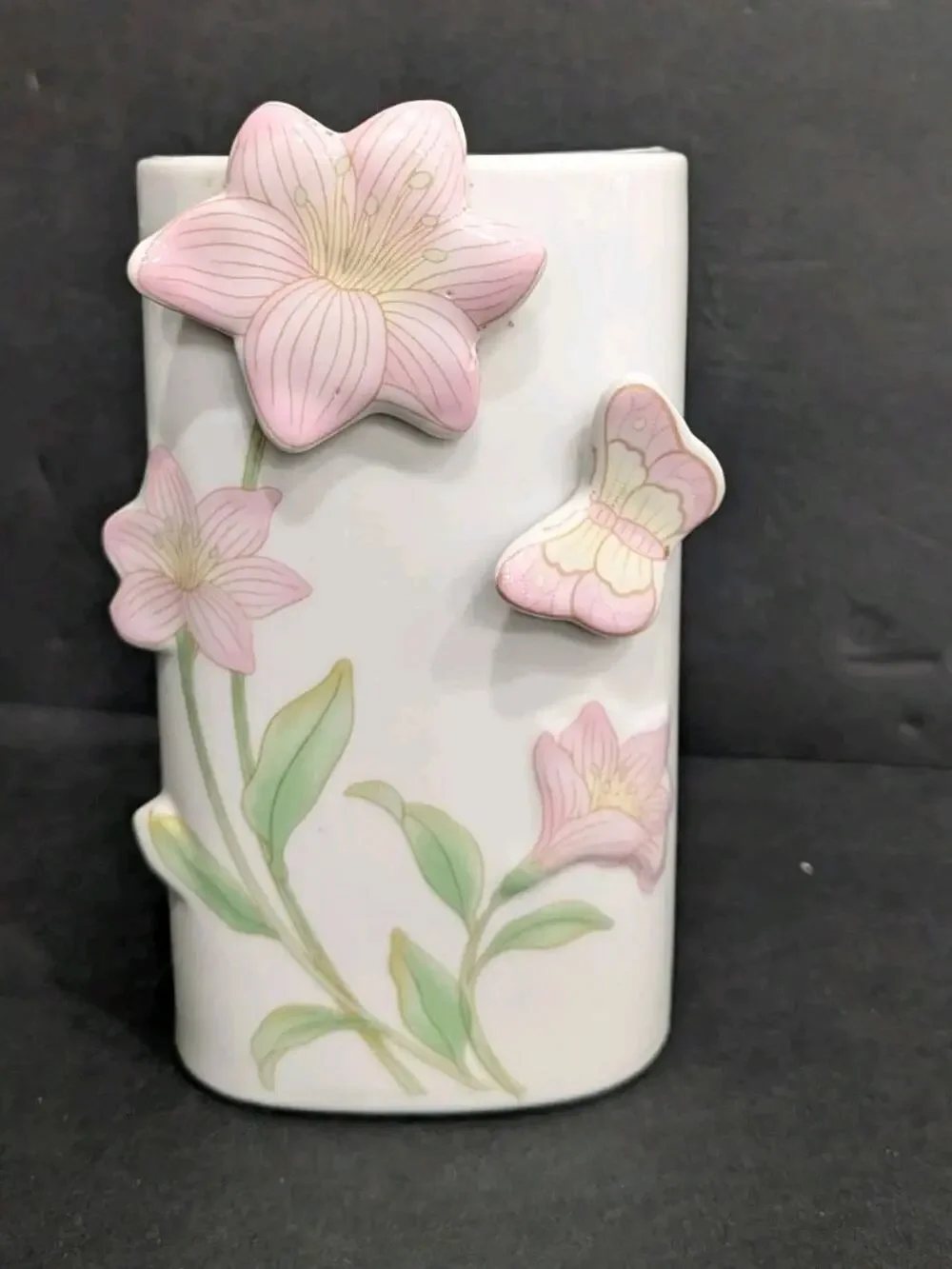 Vintage 3D Porcelain Bud Vase Pink Lily Butterfly Applied Flower Ceramic 5.5